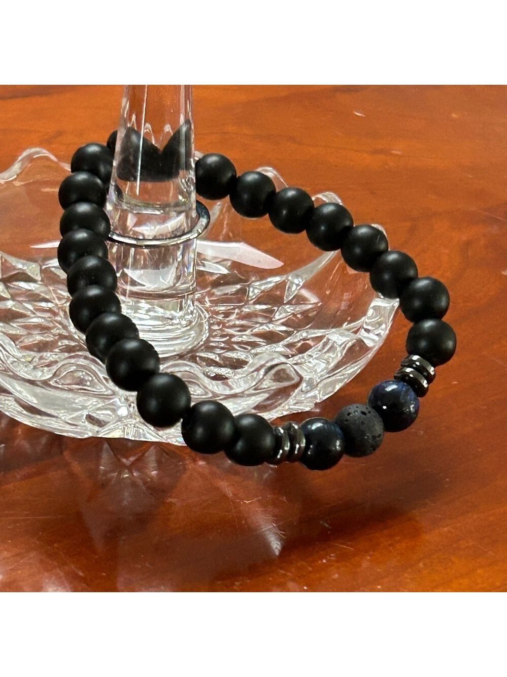 Stackable Bead Bracelet Blue Stone Bead and Black Bead Bracelet